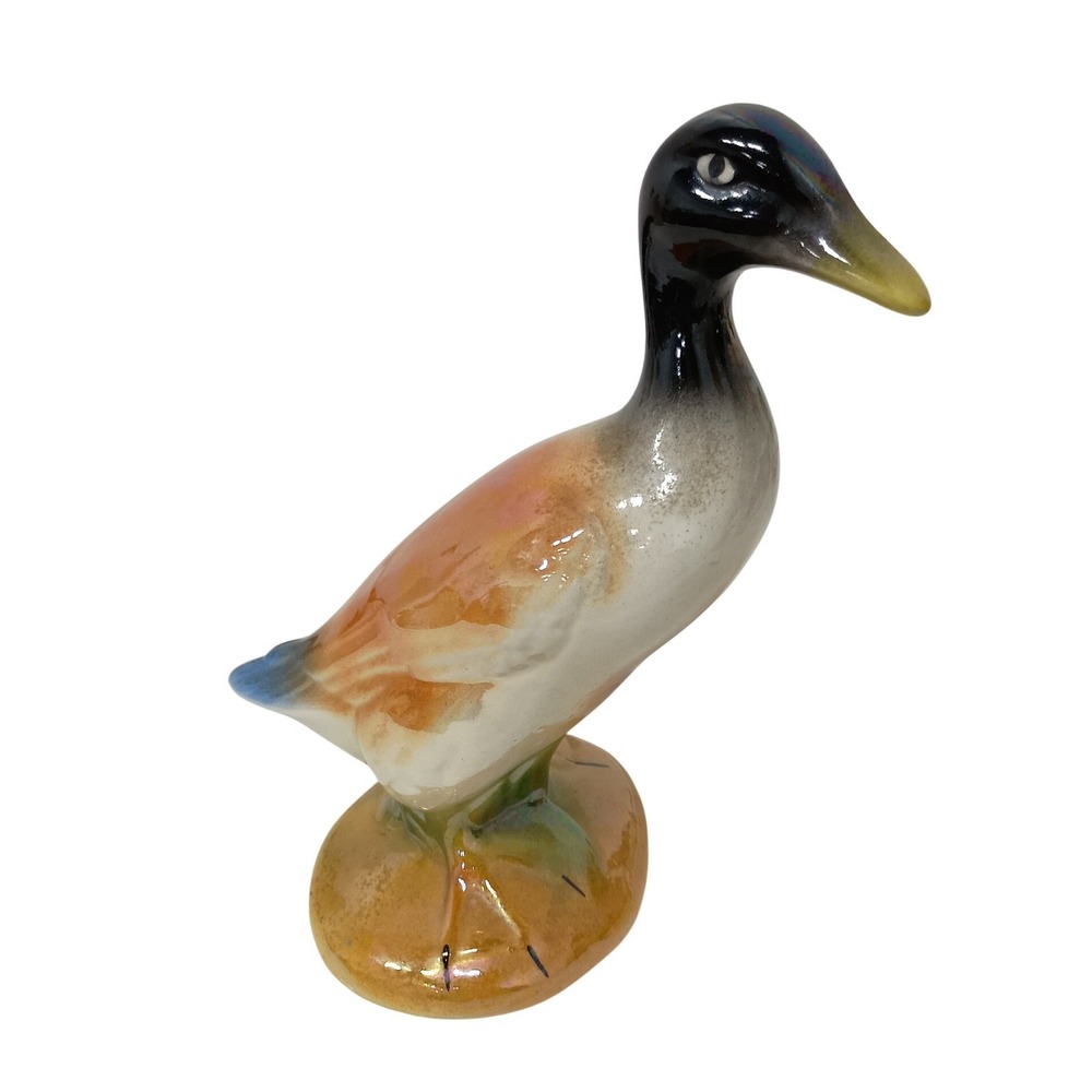 Vintage Porcelain Mallard Duck Figurine Iridescent Glazed Farmhouse Cottagecore
